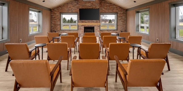 Executive presentation room configured for business meetings and workshops